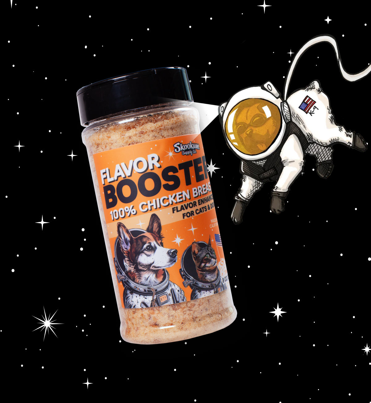 Dog in space floats with large shaker bottle of Flavor Booster food topper